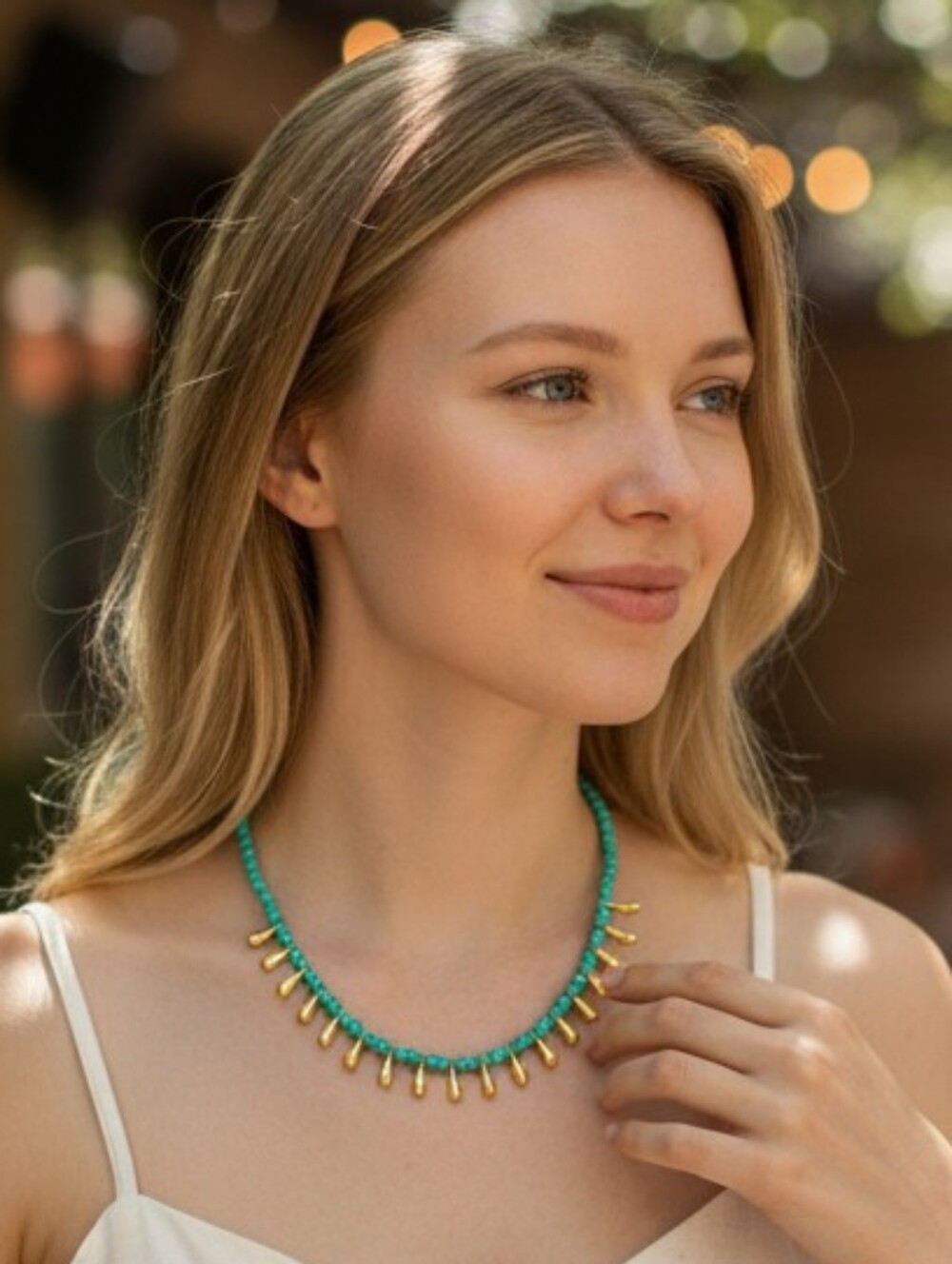 Gold Turquoise Beaded Teardrop Necklace Beachy Coastal Cowgirl Western Nautical